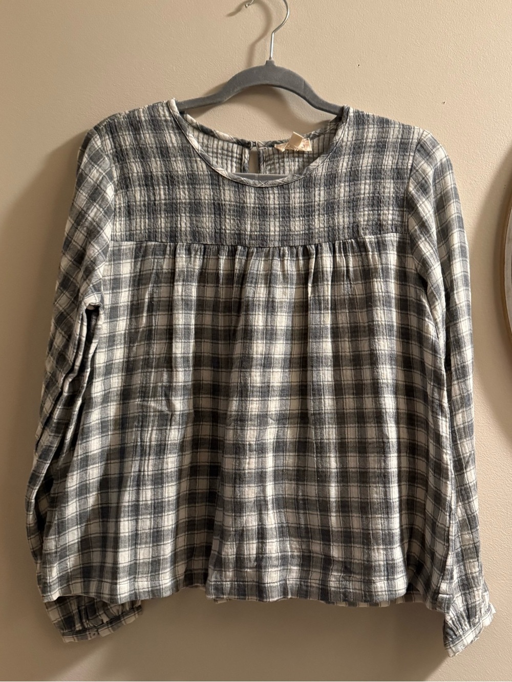 Hem & Thread Gray and White Plaid Peasant Top